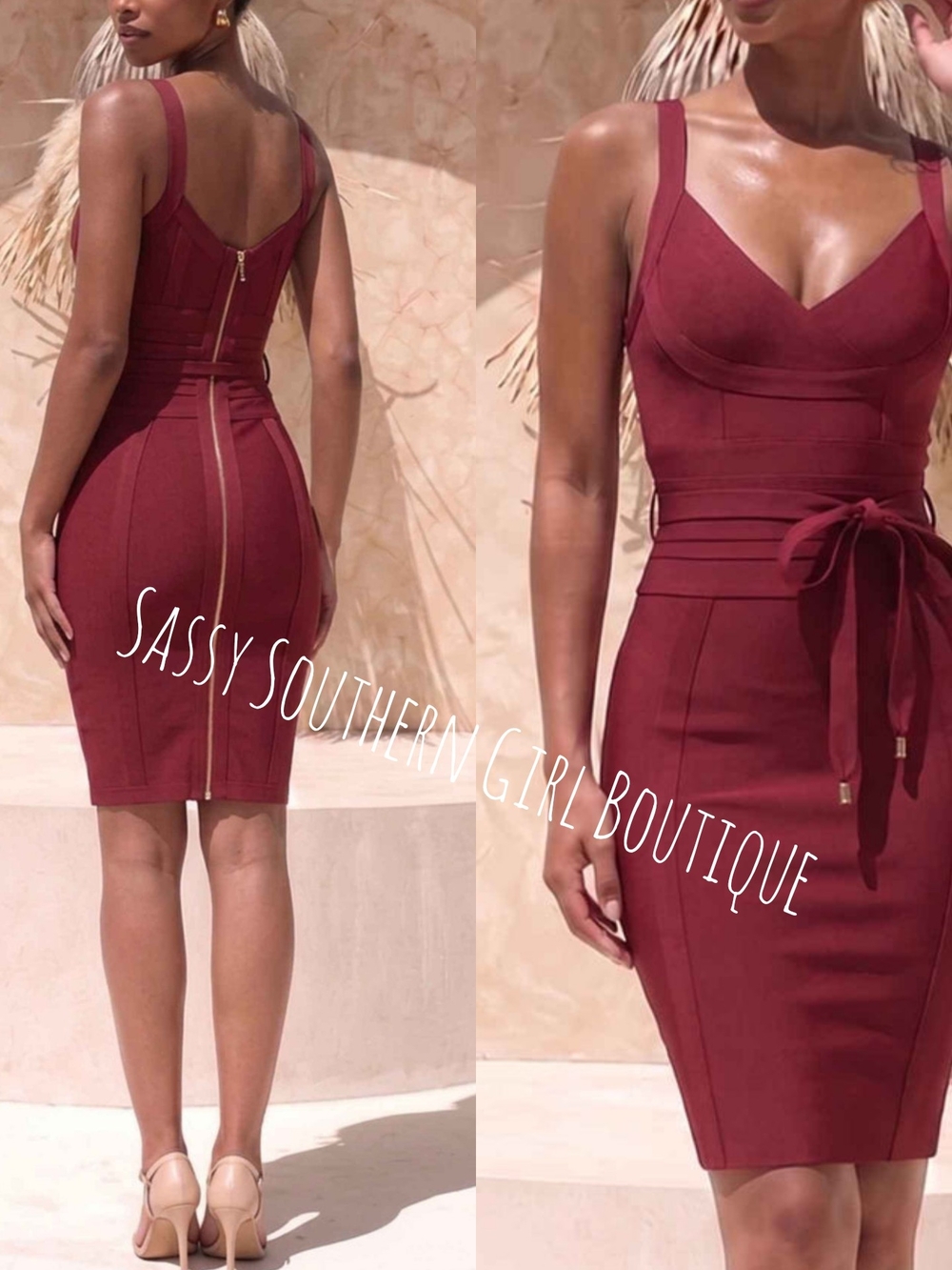 🆕⭐Wine Red Bodycon Bandage Dress with Waist Tie